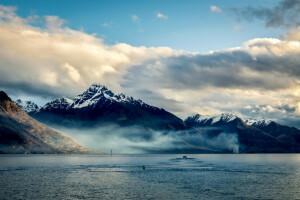 mraky, pobřeží, hory, Nový Zéland, Queenstown, moře