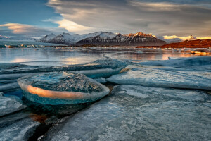 is, innsjø, fjellene, natur, shore, snø