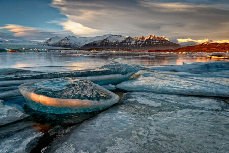 ice, lake, mountains, nature, shore, snow