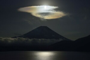 Japón, lago, noche, el volcan