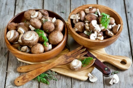 kommen, dille, mes, champignons, plug, Portobello, lepel