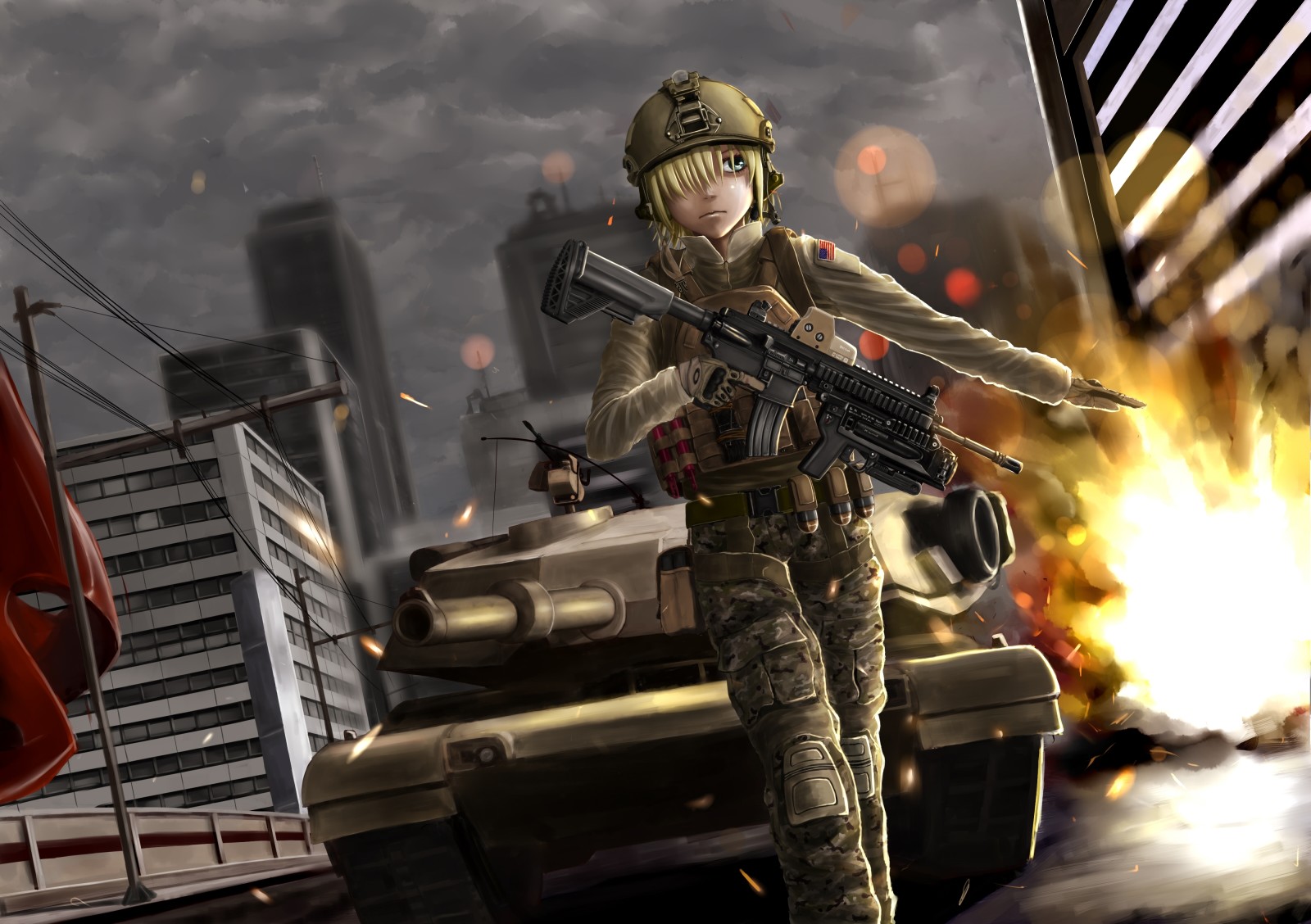 the city, girl, art, weapons, gesture, tank, soysoy68