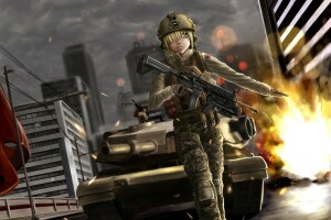 art, gesture, girl, soysoy68, tank, the city, weapons