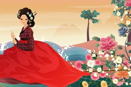 arte, asiatico, fan, fiori, ragazza, Hanbok, acqua