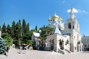 area, Church, Crimea, Dome, palm trees, temple, the sun, trees