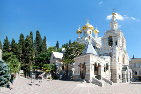 rozloha, cirkevné, krym, kupola, palmy, chrám, slnko, stromy