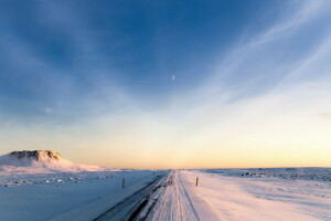 Islanda, mattina, strada, La luna, il cielo, inverno