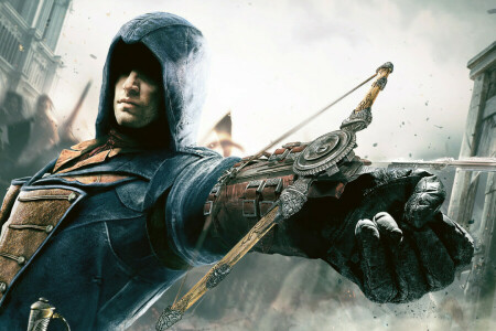 Arno, assassin, Crossbow, hand, hood, Killer, people, the building