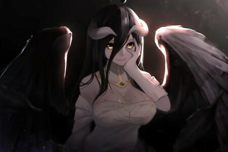 albedo, anime, ariini το, τέχνη, κορίτσι, κέρατα, ηγεμόνας, χαμόγελο