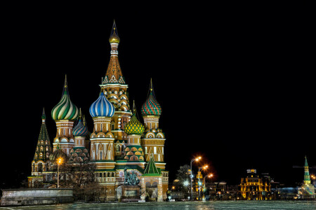 arquitetura, cúpula, luzes, Moscou, noite, Catedral de São Basílio, o edifício