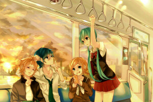 art, bear, Bridge, clouds, girls, guys, hatsune miku, Kagamine Len