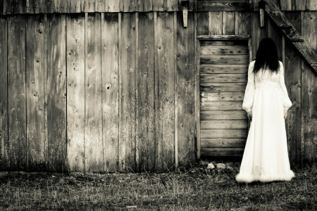 barn, dark, terror, white dress, Woman