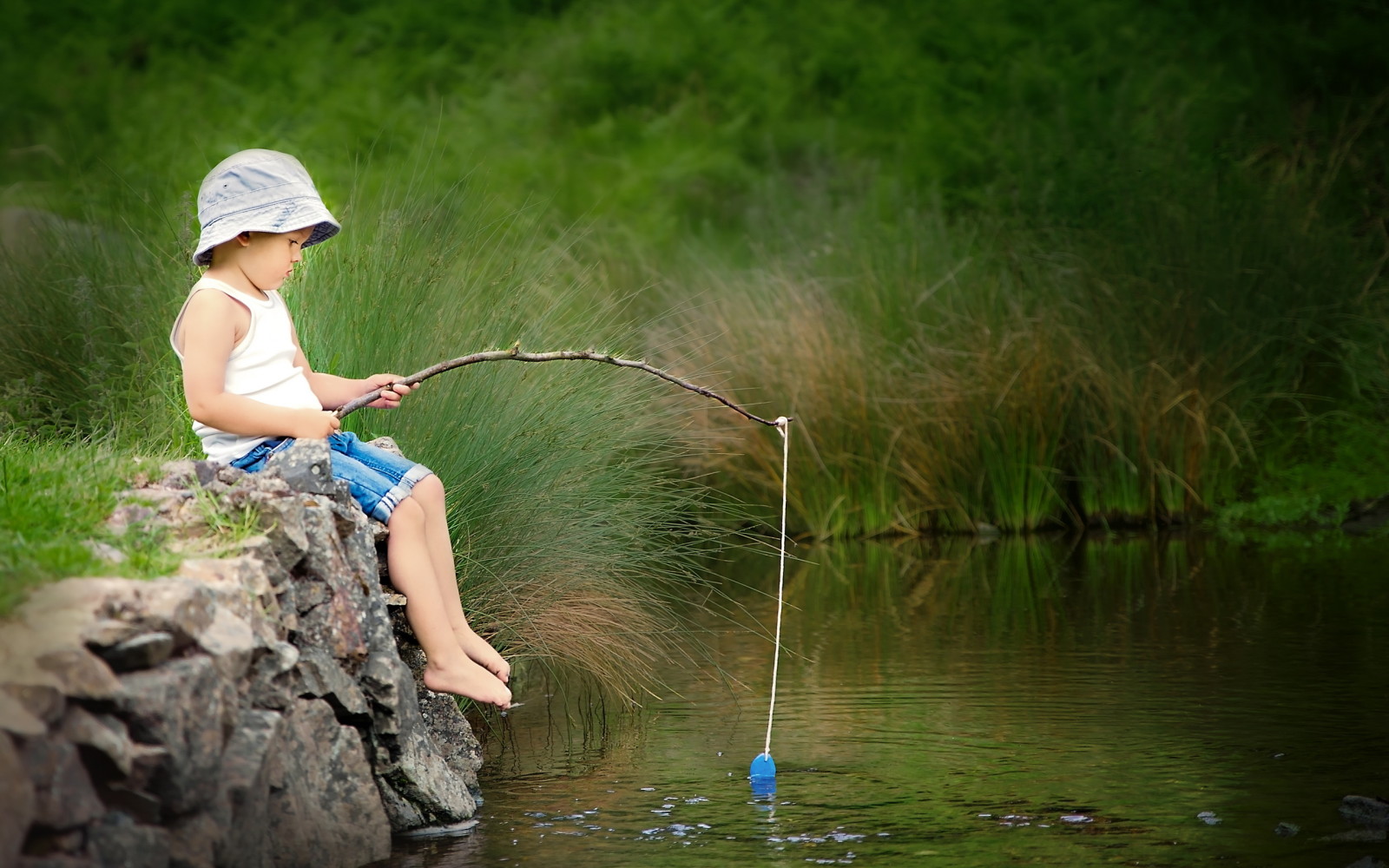 summer, river, boy, fishing