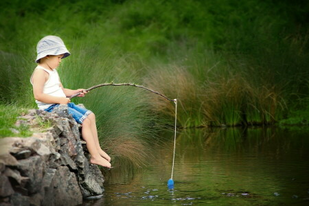 boy, fishing, river, summer