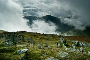 niebla, montañas, piedras