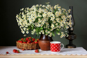 berries, camomile, chamomile, flowers, Still life, strawberry, strawbery