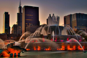 backlight, Chicago, fountain, home, Illinois, the city, the evening, USA