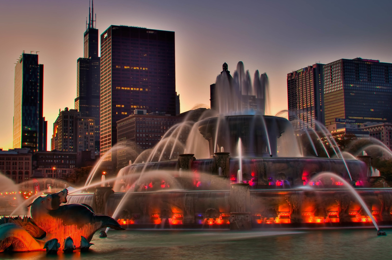 the city, the evening, home, backlight, USA, Chicago, fountain, Illinois