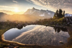 soloppgang, innsjø, fjellene, natur, refleksjon