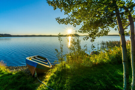 bateau, herbe, Lac, Des rayons, le coucher du soleil, le soleil, des arbres