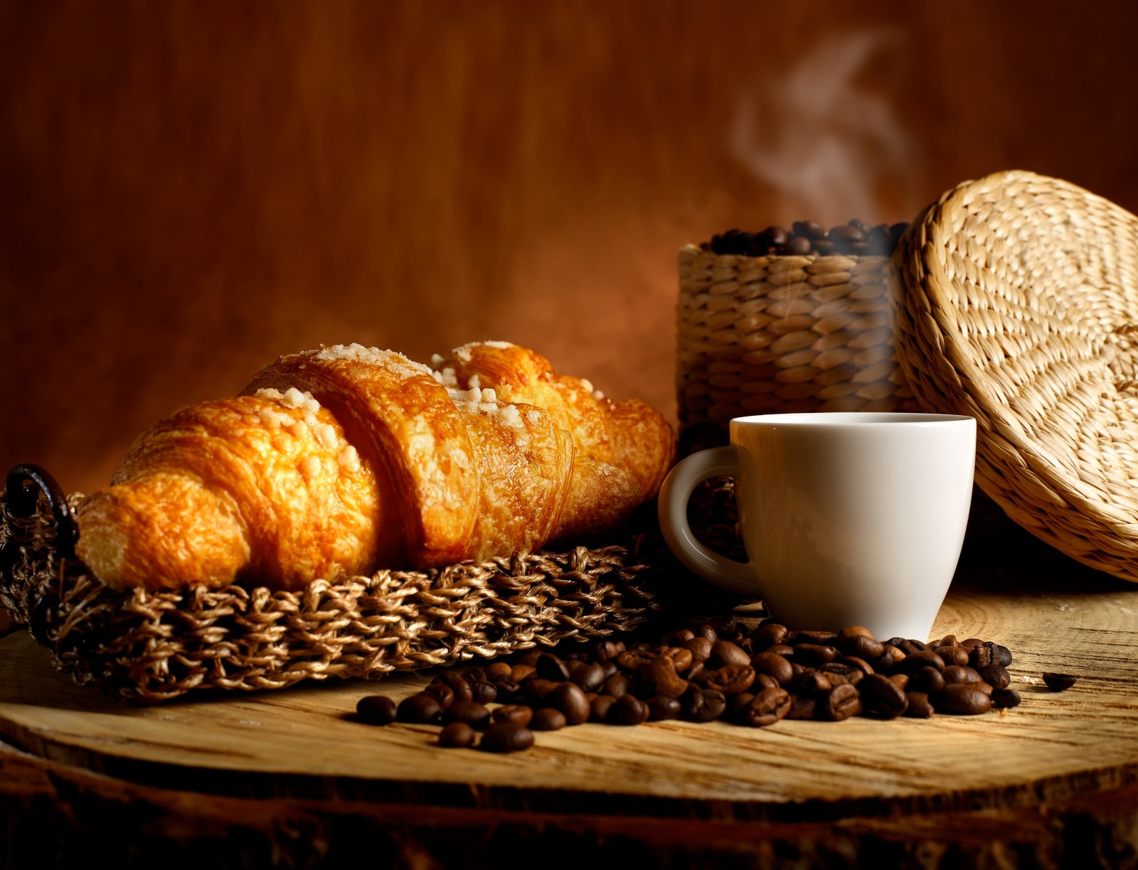 café, crescendo, cesta, croissants, grãos de café, aroma