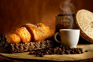 aroma, cesta, café, granos de café, croissants, creciente