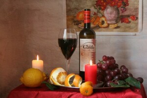 candles, grapes, lemon, Still life, wine