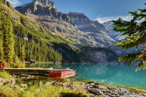 boat, forest, lake, mountains, trees, water