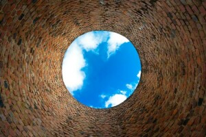 blue, bricks, clouds, effect, sky, wall