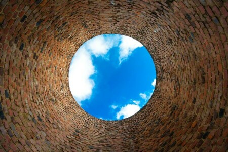 blauw, bakstenen, wolken, effect, lucht, muur