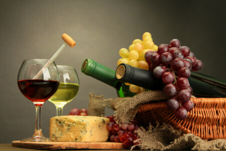 bottle, bunches of grapes, cheese, glasses, wine