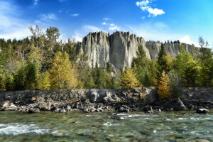 осень, лес, горы, река, горные породы, небо, деревья