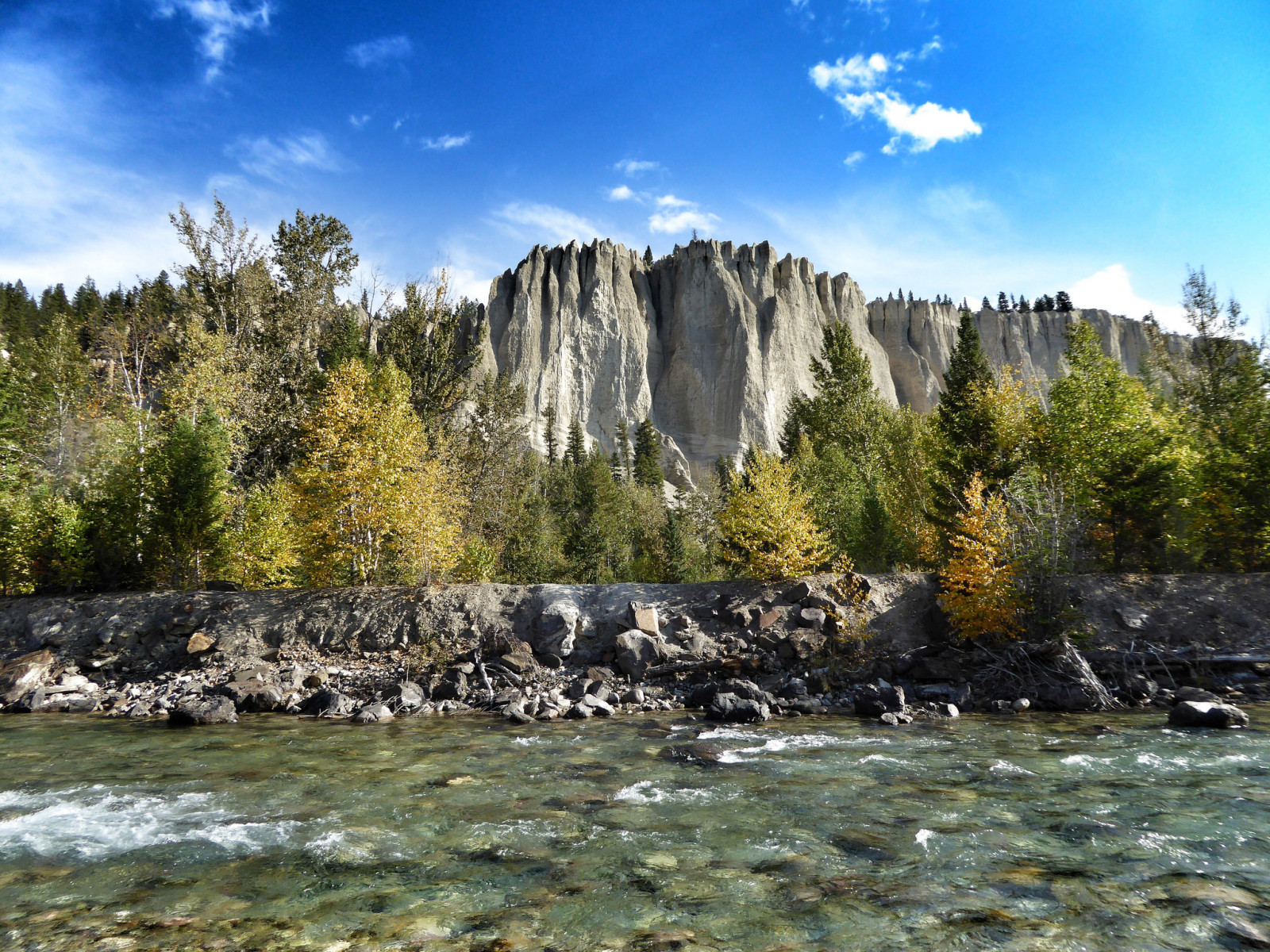 otoño, bosque, el cielo, río, arboles, montañas, rocas