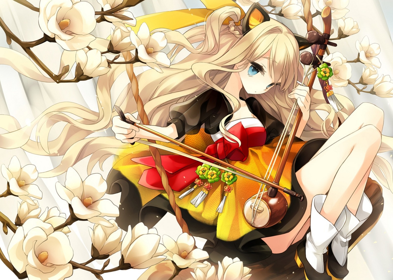 ragazza, fiori, arte, ramo, arco, orecchie, Vocaloid, ci vediamo