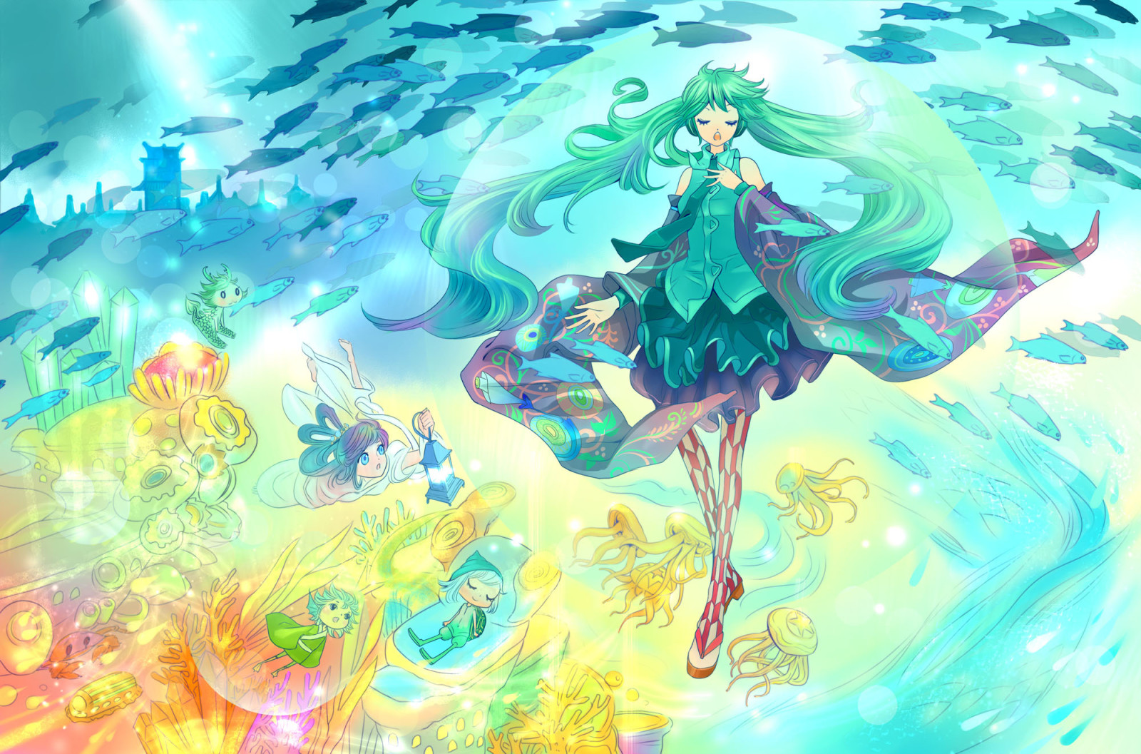 Mädchen, Kunst, Unter Wasser, Qualle, Fisch, Vocaloid, Hatsune Miku, Männer