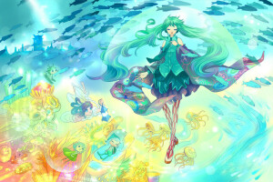 arte, peixe, menina, feira cinza, Hatsune Miku, medusa, homens, Embaixo da agua