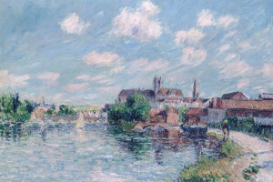 ponte, Gustave Loiseau, casa, paesaggio, immagine, fiume, la città, il cielo