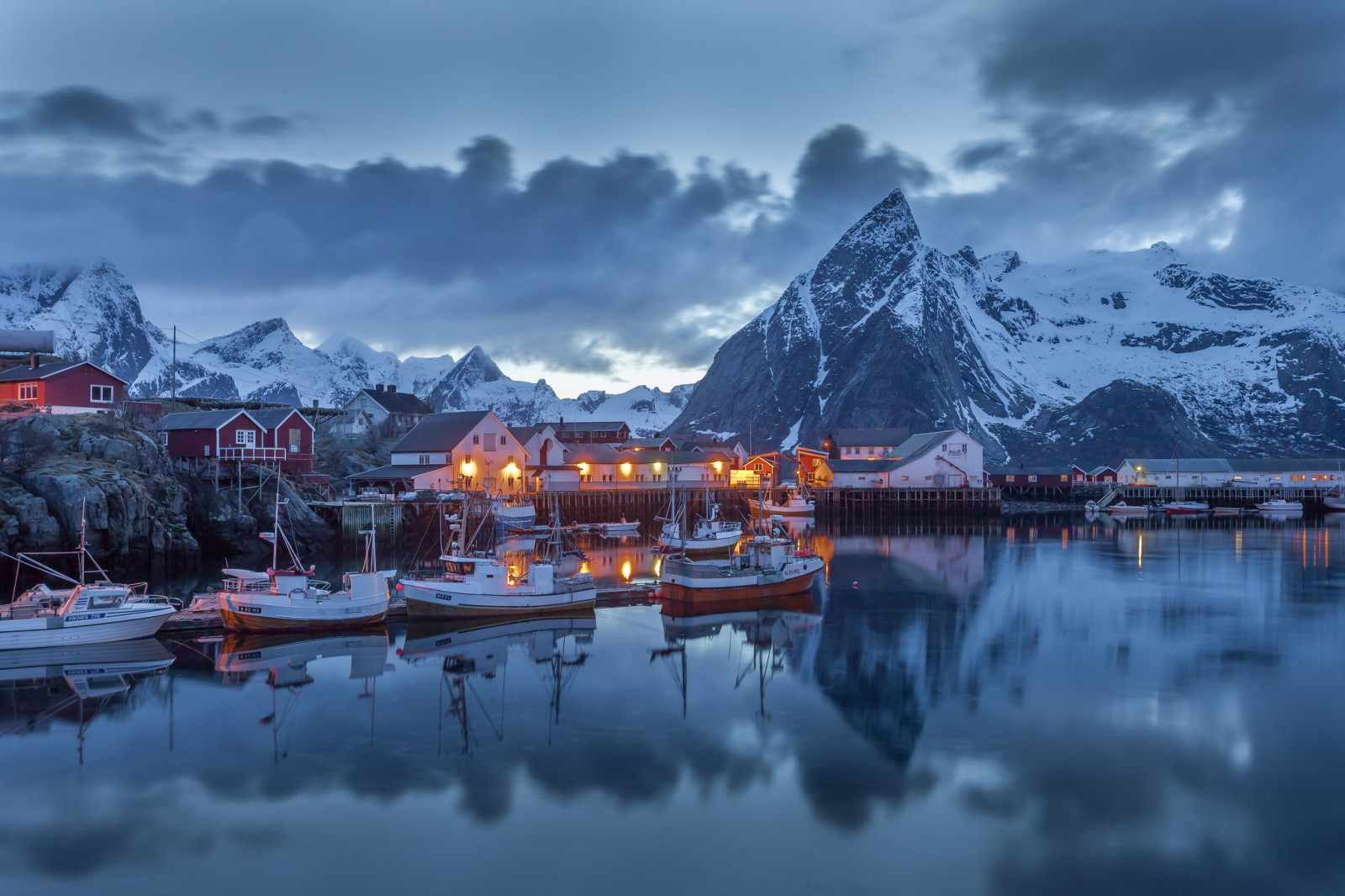 nieve, el cielo, invierno, reflexión, luces, nubes, montañas, Noruega