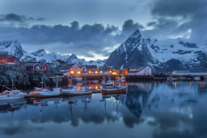 boats, clouds, home, lights, mirror, Moskenes, mountains, Nordland