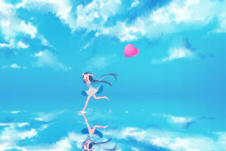 art, Balle, des nuages, fille, gotoh510, Hatsune Miku, cœur, Joie