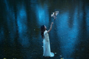 bird, girl, nature