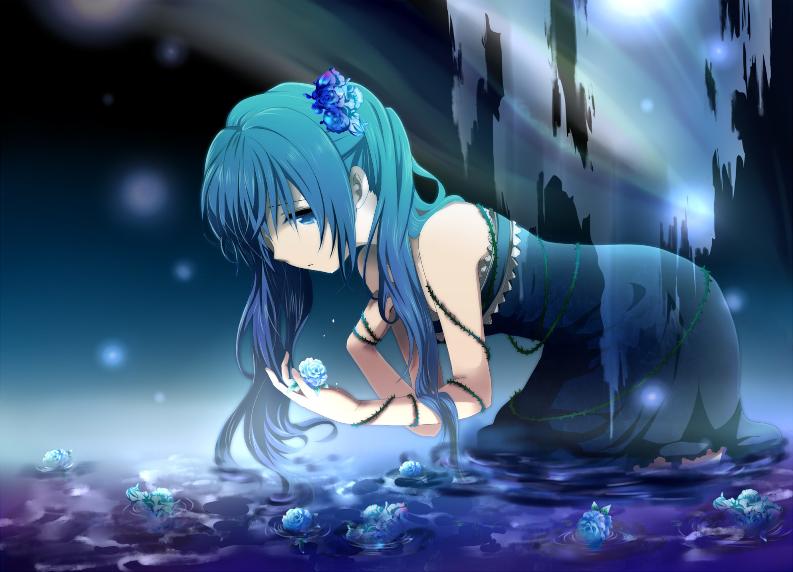 meisje, rozen, bloemen, kunst, water, vocaloid, hatsune miku, stekels