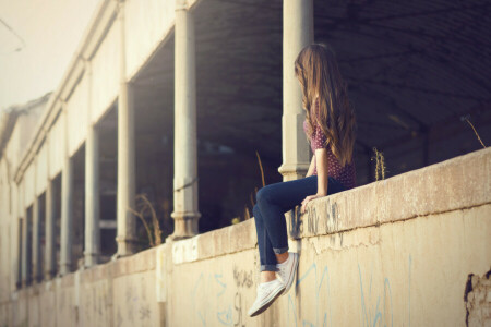 menina, cabelo, pose, sentado, tênis