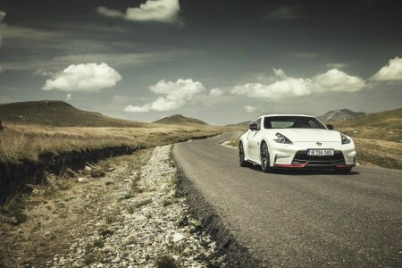 370Z, clouds, hills, Nissan, road