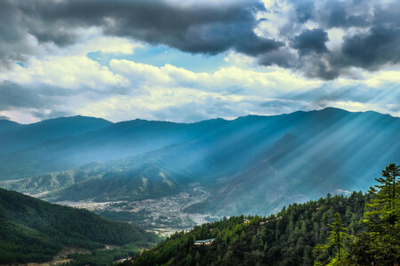 nubes, bosque, hloly, montañas, Rayos, Pendiente, Valle