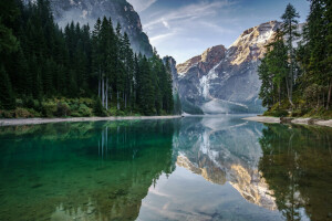 Itália, lago, panorama, montanhas, reflexão, As Dolomitas, árvores