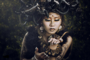 asian, girl, makeup, Medusa, model, snakes, style