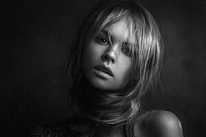 noir et blanc, visage, fille, cheveux, lèvres, Regardez, photo, portrait