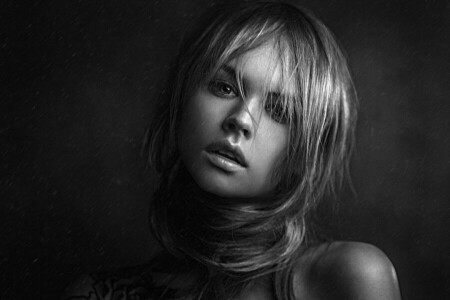 noir et blanc, visage, fille, cheveux, lèvres, Regardez, photo, portrait