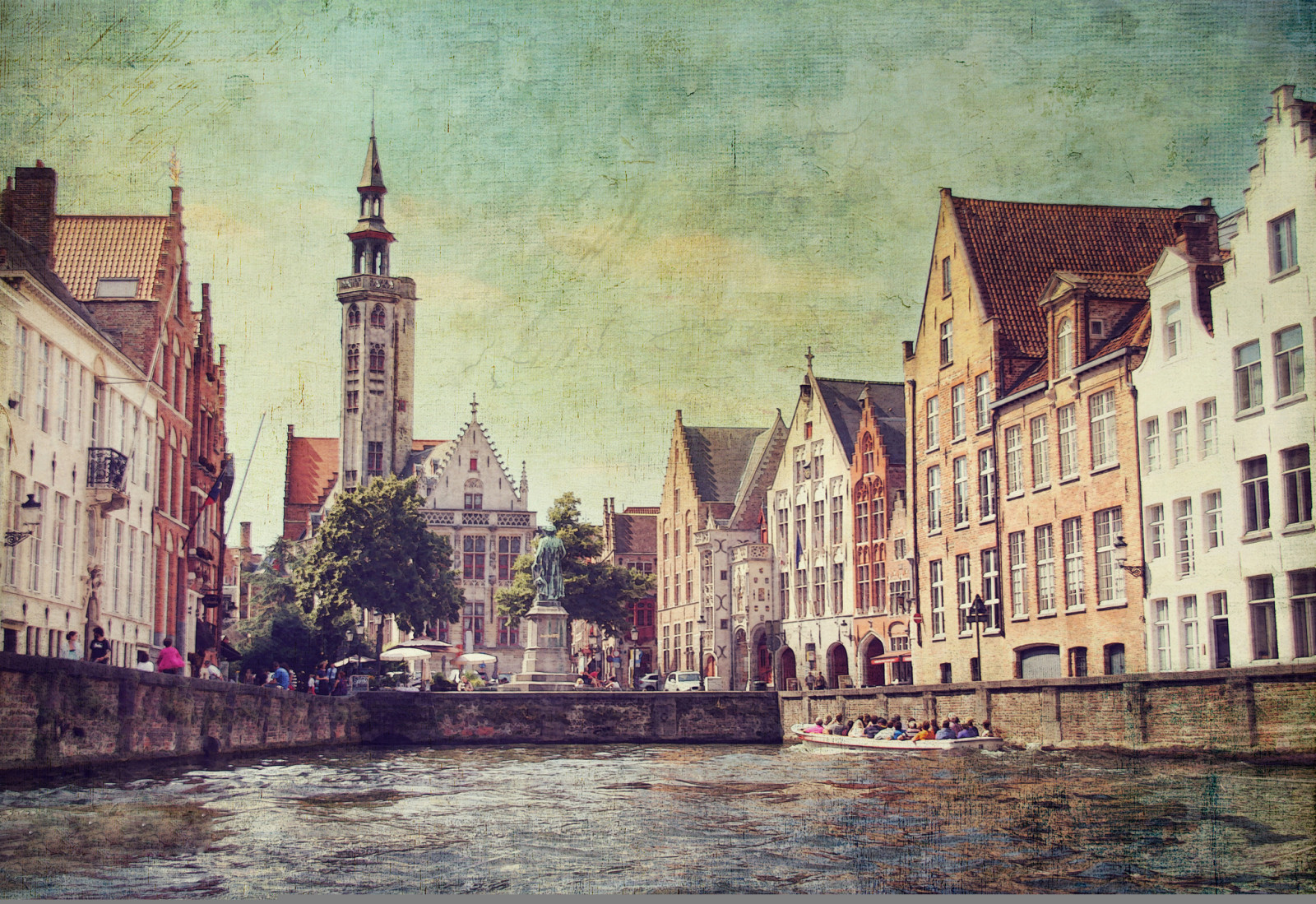 canal, casa, barco, pessoas, Bélgica, Igreja, torre, Bruges